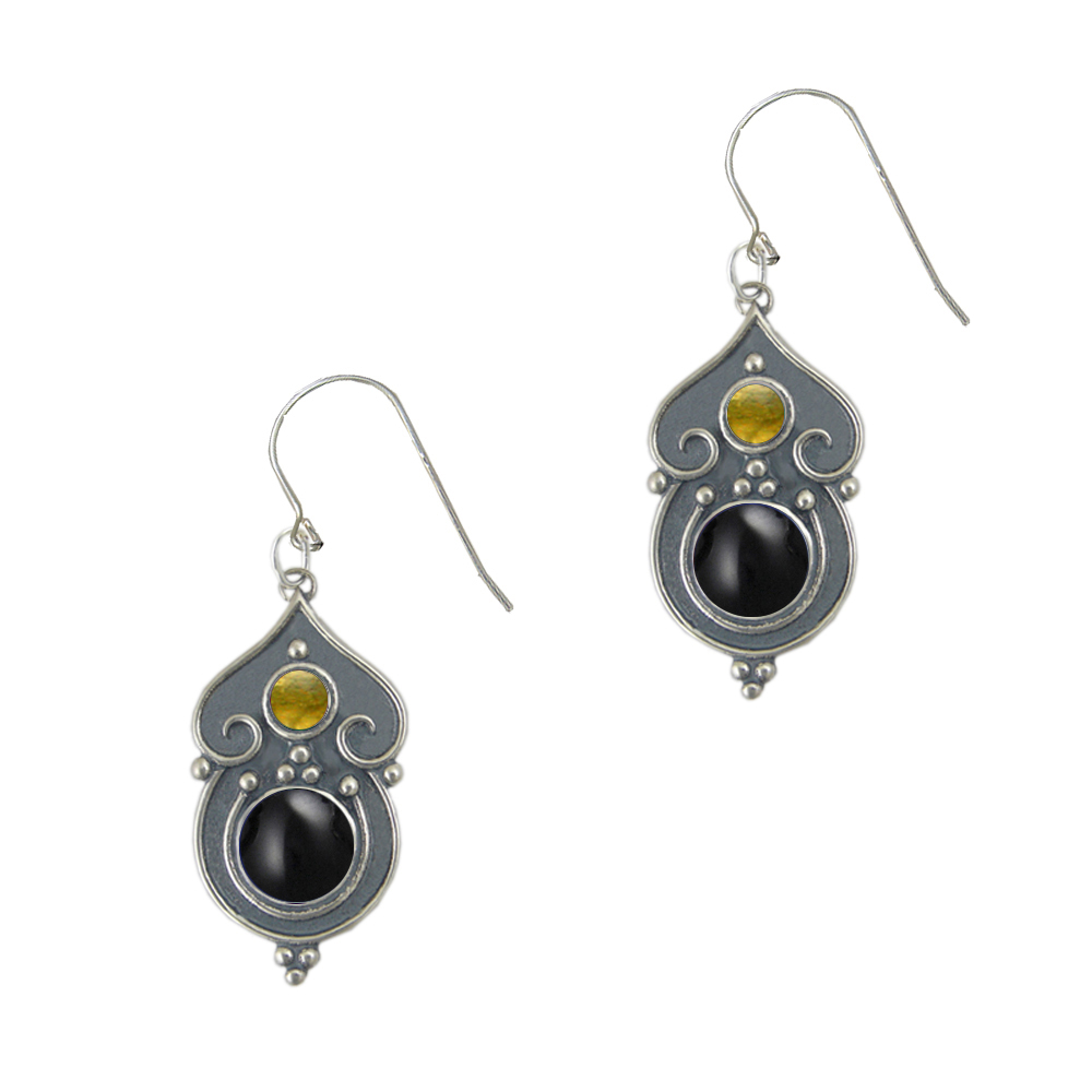 Sterling Silver Gothic Inspired Drop Dangle Earrings With Black Onyx And Citrine